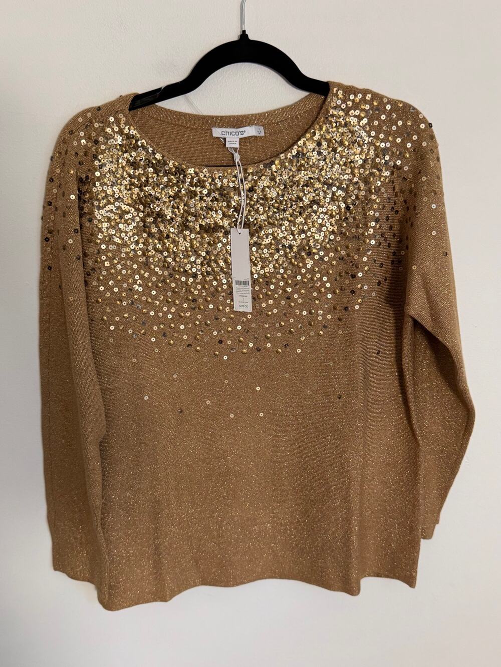 Chico's gold shimmery knit pullover sweater NWT size medium $119